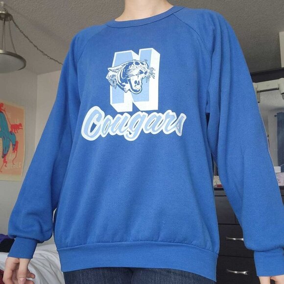 Vintage Sweaters - Vintage 60s Blue and White Cougars high school sports team crewneck sweater